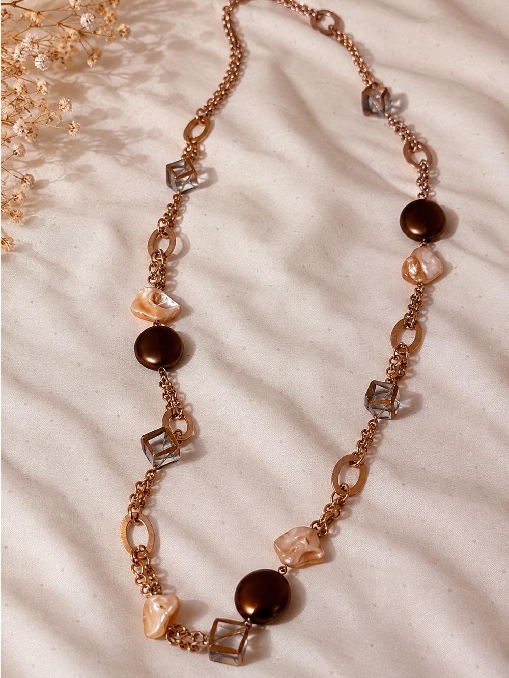 Lia Sophia Gold-Tone Necklace with Brown Discs, Cream Pearls and Smoky Beads